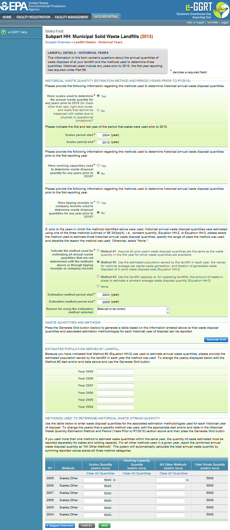 Subpart HH: Landfill Details - Historical Years with Method #2 Selected